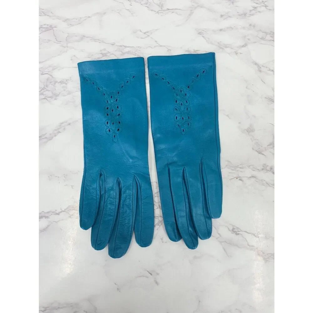 Vintage Italian Leather Teal Women's Driving Gloves with Perforated Eyelet